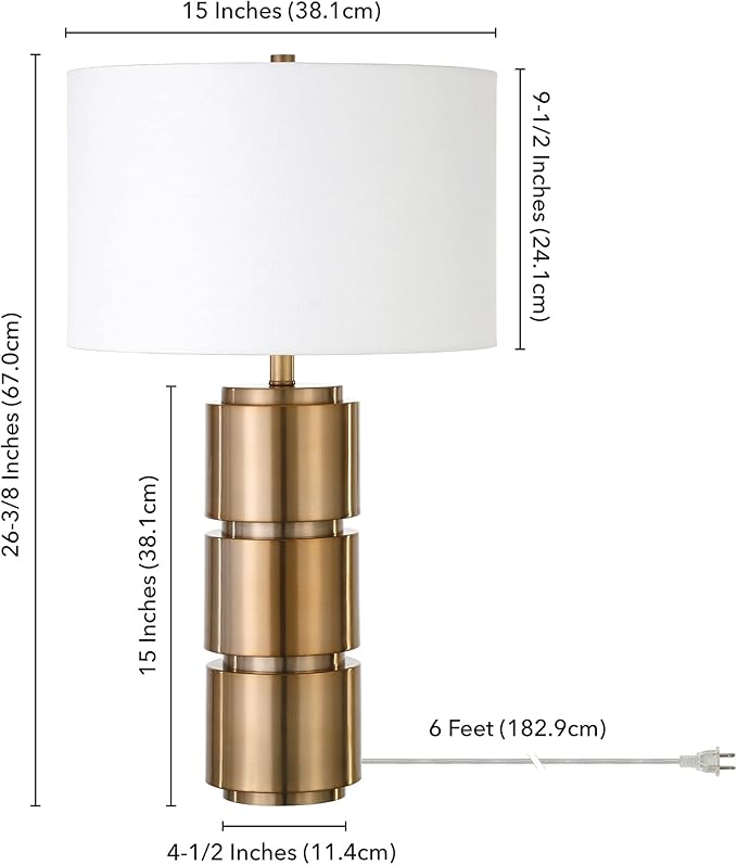 Henn&Hart 27" Mid-Century Modern 1-Light Table Lamp with White Fabric Drum Shade for Living Room, Bedroom, or Office, Gold