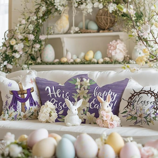GEEORY Happy Easter He is Risen Throw Pillow Covers 16x16 Inch Set of 4, Cross Flower Wreath Blessed Spring Decorative Farmhouse Holiday Cushion Case for Home Decoration (Purple) G680-16