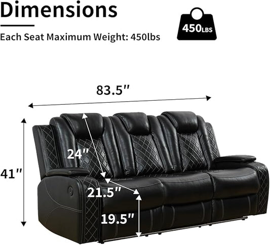 Power Leather Recliner Sofa with LED Light,84" Double Reclining Couch with Drop Down Table/USB Port/Storage Armrest,3 Seater Leather Couch for Living Room Furniture(Black,3 Seater Sofa)