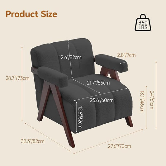 Accent Chairs Set of 2 Mid-Century Modern with Wide Backrest for Bedroom, Upholstered Living Room Chair with Wooden, Lounge Armchair with Thick Cushion, Cute Teddy Comfy Chair, Dark Grey
