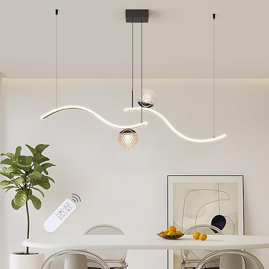 Modern LED Globe Pendant Light, 39in Dimmable Black Hanging Chandelier Light Fixture, 2-Wave Kitchen Pendant Lighting Over Island, Dining Room Lights Ceiling Hanging Over Table (2-Bulb)