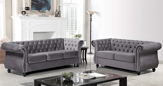 Container Furniture Direct Feinstein Modern Velvet Chesterfield Couches for Living Room with Nailheads, Diamond Tufting & Durable Metal Frame, Loveseat, Gray