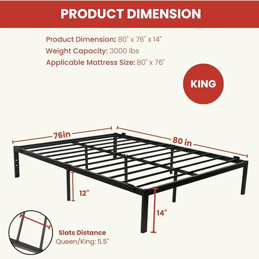 Golden Gate Beds Metal Platform Bed Frame, Heavy Duty, Sturdy Steel Mattress Foundation, No Box Spring Needed, Easy Assembly, 14 Inch Raised Base for Under Bed Storage, Bedframe for King Size, Black