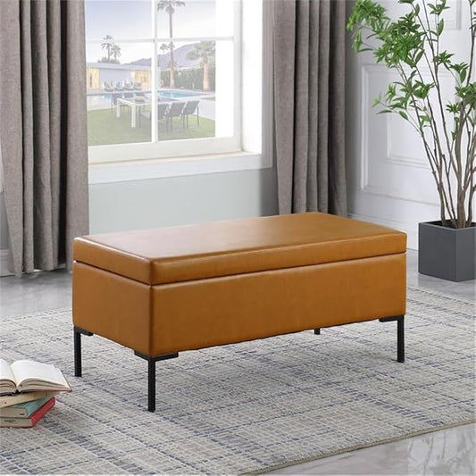 HomePop Upholstered Storage Bench with Metal Leg|Homepop Home Décor|Bench with Storage for Living Room & Entryway - Faux Leather Brown