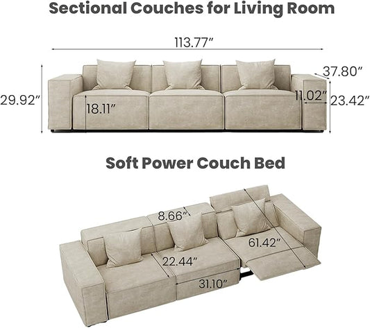 115" Power Sofa,Modular Sectional Couches for Living Room,Modern Large Sofa with Recliners,Comfy Velvet Cloud Couch with Deep Seat,Pet Friendly,Free Combination for Home(Beige)
