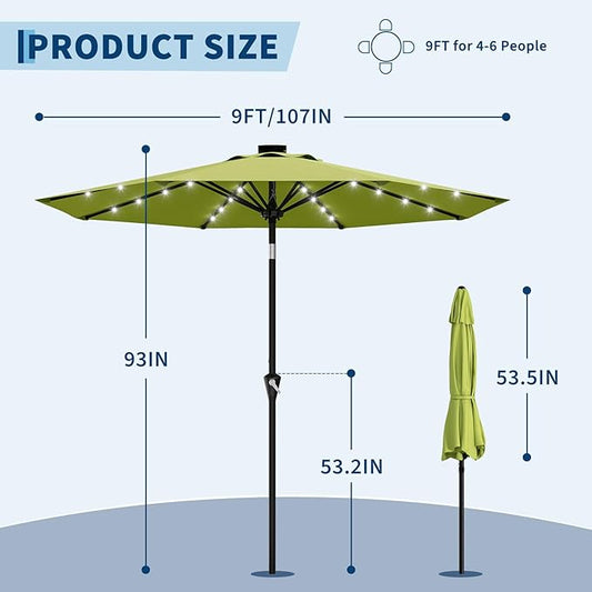 Garvee 9FT Solar Patio Umbrella with 32 LED Lights - Outdoor Table Umbrella with Crank Lift, Push Button Tilt and 8 Sturdy Ribs - Market Umbrella UV Protection for Pool, Deck, Yard, Garden