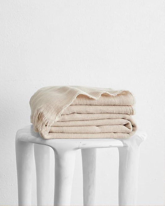Bed Threads - Linen Muslin Throw - 100% French Flax Linen - Double-Layered & Frayed Edge - Eco-Friendly - Soft & Delicate Blanket - Classic Solid Colorway - Machine Washable - 87” x 59” - Oatmeal
