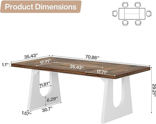 Tribesigns Large Dining Table for 6-8 People, 70.9" Wood Rustic Rectangular Table with White Wooden Legs, Farmhouse Center Kitchen Table for Dining Room, Living Room, Home Furniture (Brown & White)