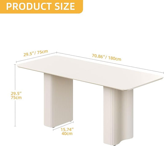DWVO 70.8 Inch Dining Table for 6-8 People Modern Rectangular Kitchen Table Large Cream White Dinner Table with Solid Wave Curved Legs for Dining Room Kitchen Home Office Apartment, White