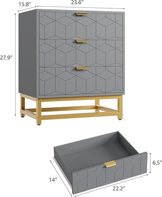 GAOMON 3 Drawer Dresser, Wood Chest Drawers with Storage for Closet, Bedroom, Drawers Dresser Modern Bedside Nightstand with Gold Handles, Grey
