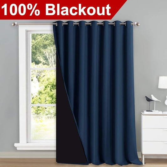 NICETOWN Sound Reducing Room Divider Curtains, 100% Blackout Patio Curtain, Wide Lined Drape, Keep Warm Drapery, Sliding Glass Door Panel for Night Shift(Navy, 1 Panel, 100" Wide x 108" Long