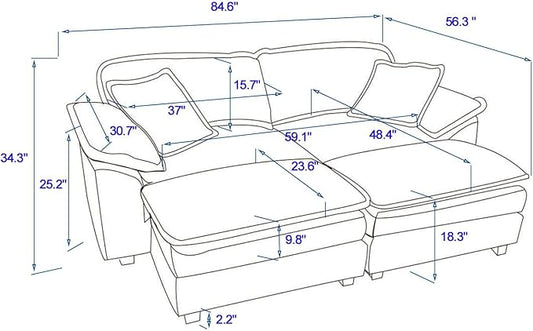 Modular Loveseat Sectional Sofa, 84.6" Corduroy Comfy Sectional Couches for Living Room, 3-Seater Cloud Couches with Movable Ottomans, Flexible Combination Modern Deep Seat Sofa | Thickness Cushions, Solid Wood Frame, Pillow-top Armrest