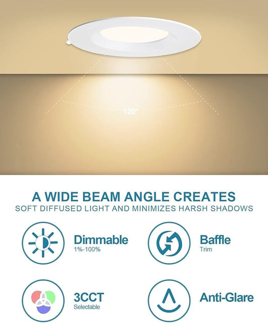 Lightdot 6 Inch Recessed Lighting 12 Pack White, 12W Dimmable LED Downlight 3CCT Selectable (3000K/4000K/5000K), Anti-Glare Slim Canless Ceiling Light