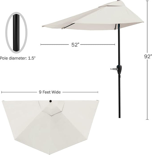 Half Umbrella Outdoor Patio Shade - 9 ft Patio Umbrella with Easy Crank - Small Canopy for Balcony, Table, or Deck by Pure Garden (Champagne)