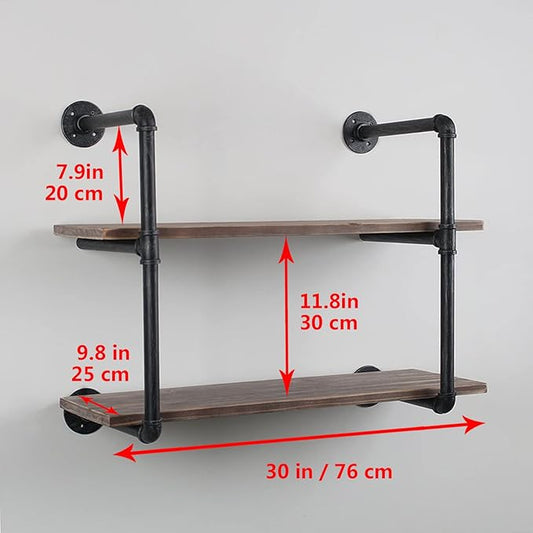 MBQQ Industrial Pipe Shelving Wall Mounted,30in Rustic Metal Floating Shelves,Steampunk Real Wood Book Shelves,Wall Shelf Unit Bookshelf Hanging Wall Shelves,Farmhouse Kitchen Bar Shelving(2 Tier)