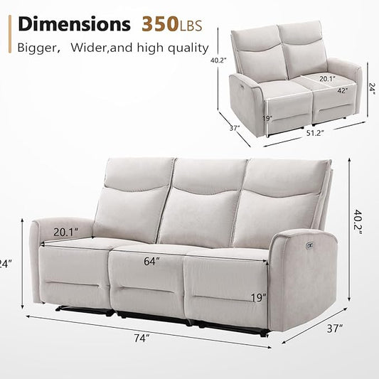 ANJ 2 Pieces Recliner Sofa Furniture Set,Include 2-Seater Loveseat Recliner Sofa and 80" Wide Overstuffed 3 Seater Reclining Couch for Living Room, Light Grey