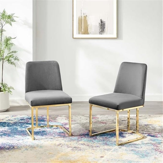 Modway Amplify Sled Base Performance Velvet Dining Side Chair - Set of 2 in Gold Gray