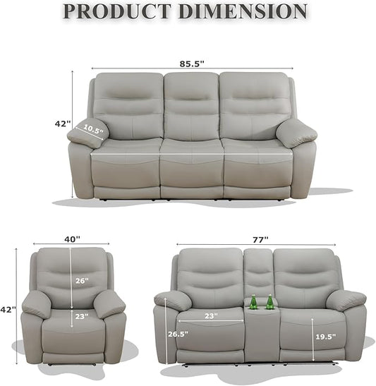 Power Reclining Loveseat with 2 Chairs, Genuine Leather Recliner Couch Set, Light Grey Leather Recliners Set, 3 Pieces Living Room Furniture with Cup Holders/Storage/USB Port
