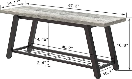 Grey Storage Bench Industrial Rustic Wooden and Metal Entryway Shoe Boots Storage Rack Long Bench Seat for Hallway Bedroom Rustic Farmhouse Style