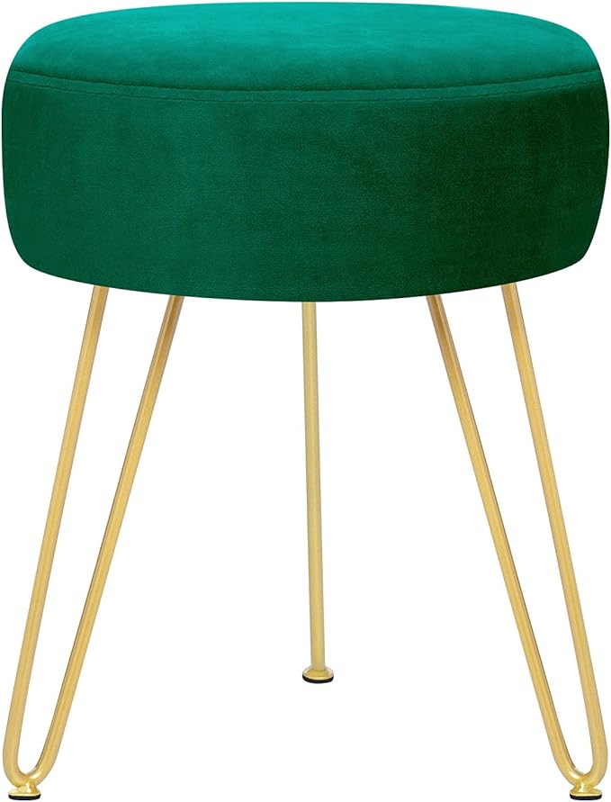 Velvet Soft Modern Vanity Footstool -Round Footrest Stool Ottoman Side Table Seat Dressing with Golden Metal Leg and Sponge Filling,Upholstered Foot Rest, for Living Room and Bedroom Teal