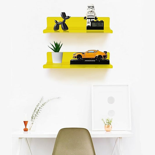 ROYALITA Small Acrylic Shelves Wall Mounted | Set of 2 | 12 Inches | Wall Hanging Plant Display Shelves, Room Decor Floating Wall Shelves for Gaming Room Bedroom, Living Room, Office, Yellow