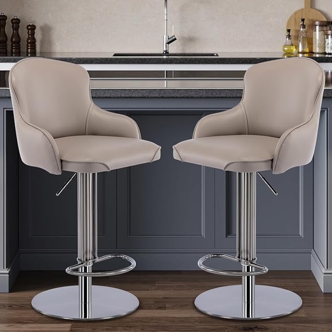 Black Titanium Stainless Steel Bar Stools,Grade Modern Leather Bar Chair with Backrest,Swivel Adjustable Height for Kitchen Counter and Dining Room (Grey leather-1pc)