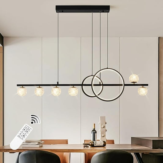 Modern Black Gold Chandeliers for Dining Room, 47in Dimmable LED Chandelier Linear Pendant Light for Kitchen Island, Upgraded 6 Globe Hanging Pendant Chandelier Lighting (2 Rings, 4200lm)