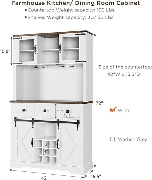 72 in Farmhouse Bar Cabinet with Sliding Barn Door, Tall Kitchen Buffet with Storage Hutch and 3 Drawer, Rustic Coffee Wine Bar Sideboard with Wine & Glasses Rack, for Living Room, Pure White