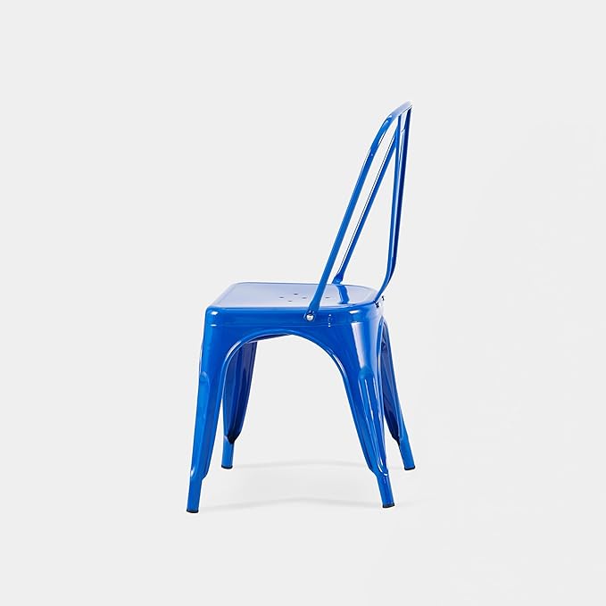 AC Pacific 18 Inch Seat Height Industrial Metal Dining Chairs, Stackable Kitchen or Bar Seat, Durable Modern Design, Versatile Accent Furniture, Set of 4, Blue