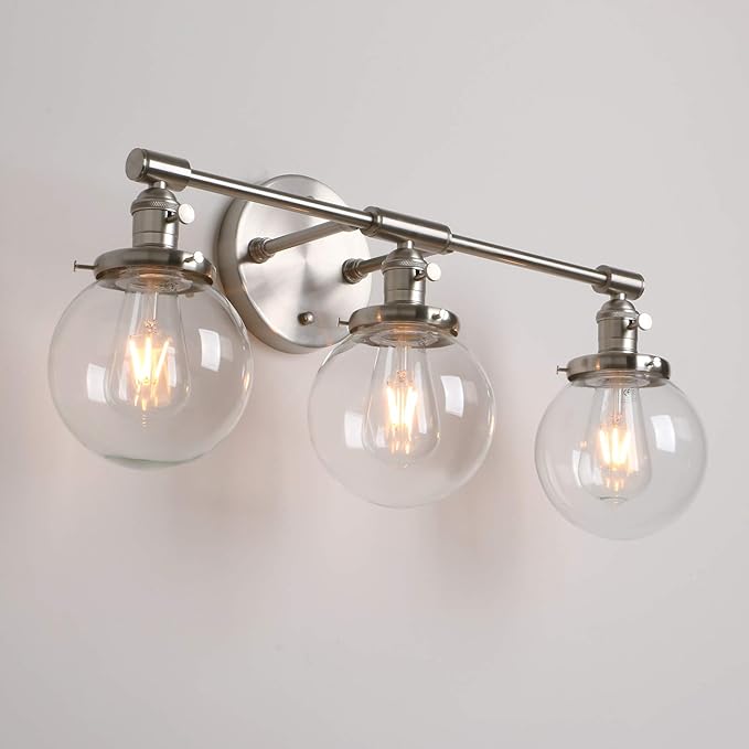 PERMO Vintage Industrial Antique Three-Light Wall Sconces with Mini 5.9" Round Clear Glass Globe Shade (Brushed)