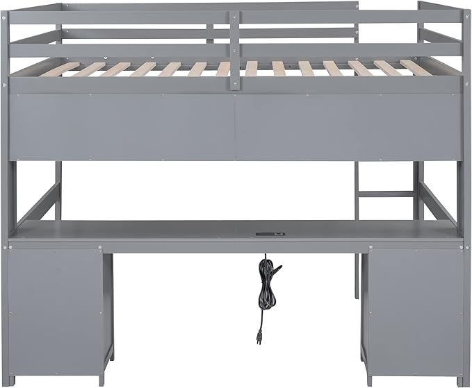 Full Size Loft Bed with Desk, Storage Cabinets, Drawers and Bedside Tray, Multifunctional Full Beds with Plug Outlets & 2 USB Port, Gray