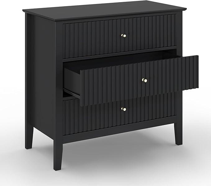 Large Black Fluted 3-Section, Modern 30 Inch Tall Wood Side Unit with Ball Bearing Slides, Wide Accent Furniture with Spacious Compartments for Living Room Entryway