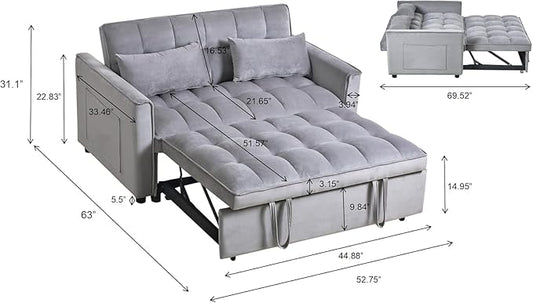 3 in 1 Convertible Sofa Bed, Love Seat Sleeper Bed with Side Pockets, Velvet Fabric Pull Out Couch with Adjustable Backrest for Living Room, Bedroom, Apartment, Gray