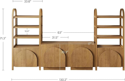 Nathan James Iris Sideboard and Bookcase Set, Mid-Century Modern Solid Wood Storage Unit with Arched Doors, 2 Cabinets and 2 Bookshelves with Cabinet, Light Brown