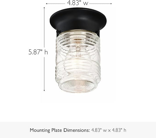 Design House Outdoor Ceiling Light, Jelly Jar Shape, Clear Ribbed Glass, Wet Rated, LED-Compatible, For Porches/Patios/Garages, Black, 4.8 in W x 5.9 in H, 587220
