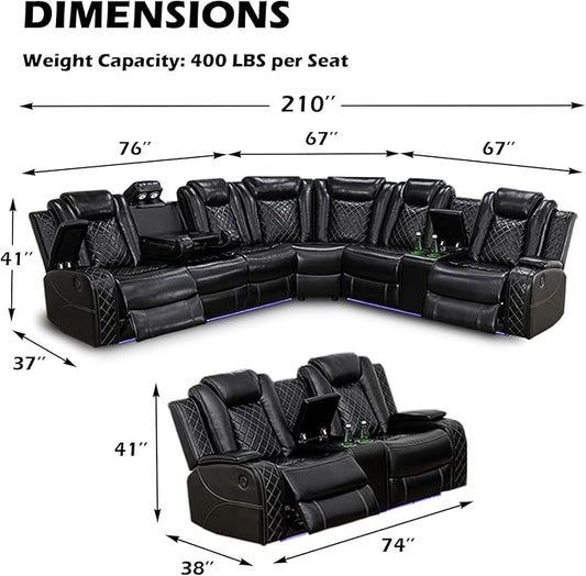 Leather Power Recliner Sectional Sofa Set with LED Light,L Shape Leather Couch Set with Recline Loveseat,Modular Corner Sofa with USB Port for Living Room Furniture(Black, Sectional+Loveseat)