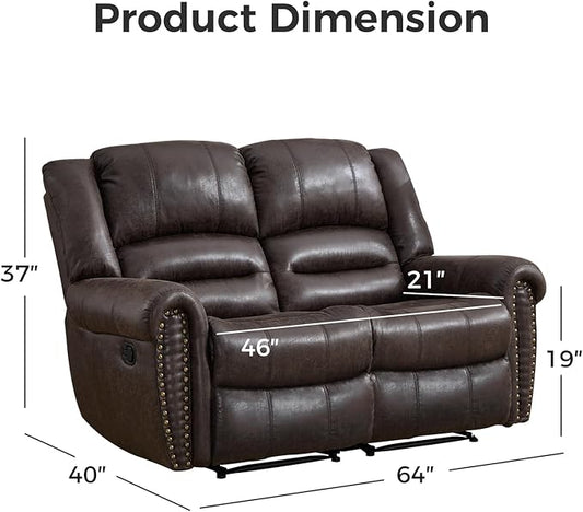 EBELLO Faux Leather Manual Loveseat Recliner, 2 Seat Reclining Sofa Chair with Soft Padded Seat Backrest, Vintage Rivet Mid-Century Design for Living Room, Bedroom, Dark Brown
