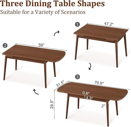 Solid Wood Extendable Dining Table, 47.2” to 70.8” Expandable Table for 4-8, Easy Assembly Extendable Dining Room Table, 3-in-1 Design, Ideal for Dining Room, Kitchen, Living Room (Walnut)