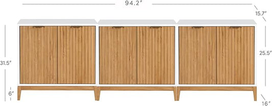Nathan James Jasper Modern Sideboard, TV Stand with Fluted Doors, Accent Storage for Kitchen or Living Room, White/Warm Pine, Set of 3