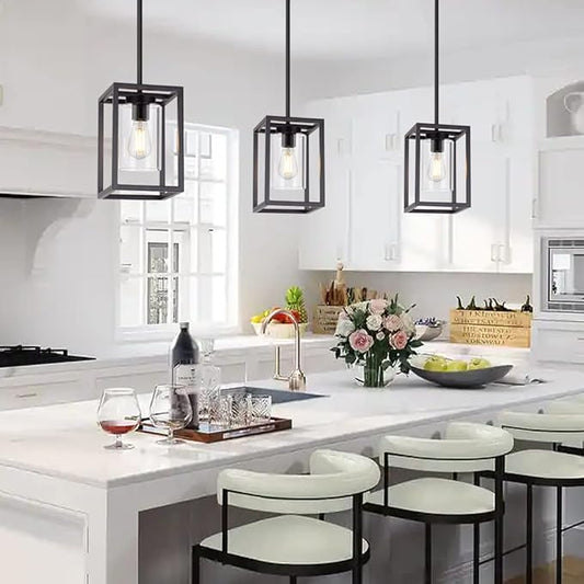 VINLUZ 1 Light Farmhouse Pendant Lighting Black Cage Chandelier Glass Shade Contemporary Modern Kitchen Island Lights Fixtures Ceiling Hanging Dining Room Living Room
