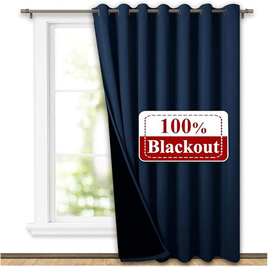 NICETOWN Warm Curtain for Winter, 100% Blackout Patio Sliding Door Wide Lined Drape, Keep Warm Drapery, Sliding Glass Door Panel for Night Shift (Navy, 1 Panel, 100 inches Wide x 84 inches Long