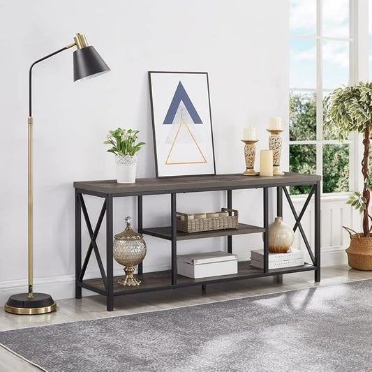EXCEFUR 55 inch TV Stand for TV up to 65 inch, Rustic Wood and Metal Media TV Console Table for Living Room, Grey