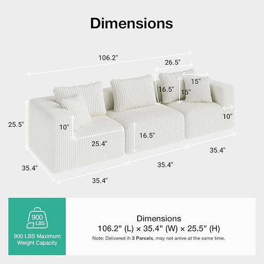 Novilla 106" Modular Sectional Sofa, Modern Cloud Sectional Couch with Smarts Coil® Support, Upholstered Boneless Couch for Living Room Apartments Bedroom, No Assembly Required, Beige (3 Seat)