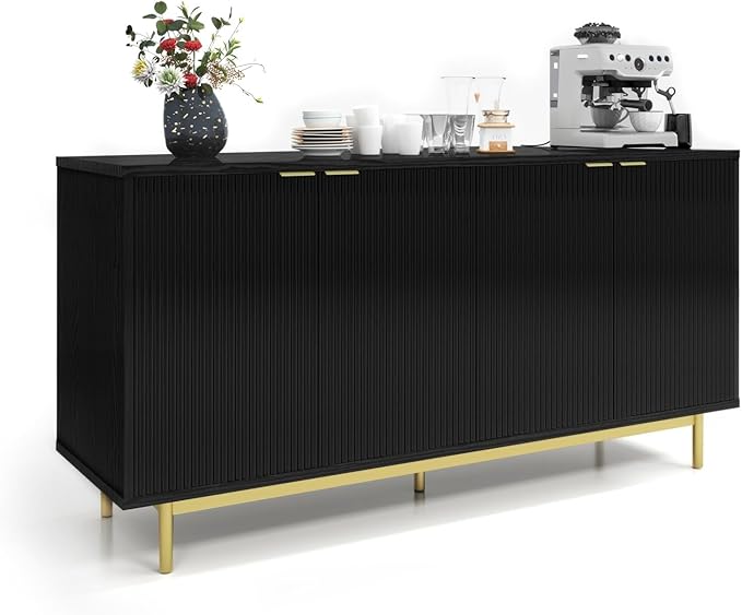 MUUEGM Sideboard Buffet Cabinet with Storage, 58" Large Kitchen Storage Cabinet with Shelves and 4 Fluted Doors, Modern Console Table for Kitchen, Dining Room, Hallway(Black)
