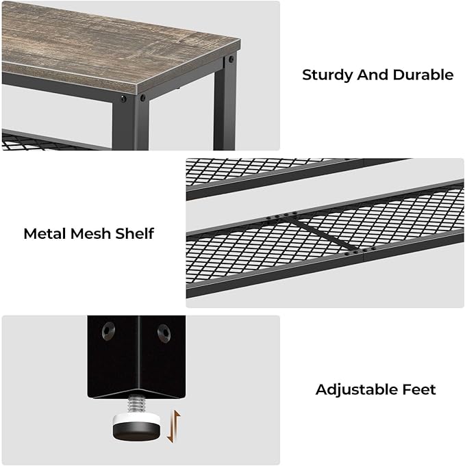 Rolanstar Shoe Bench, 3-Tier Shoe Rack, 28.7” Storage Entry Bench with Mesh Shelves Wood Seat, Rustic Foyer Bench for Hallway Front Door, Doorway, Living Room, Mudroom, Steel Frame, Gray