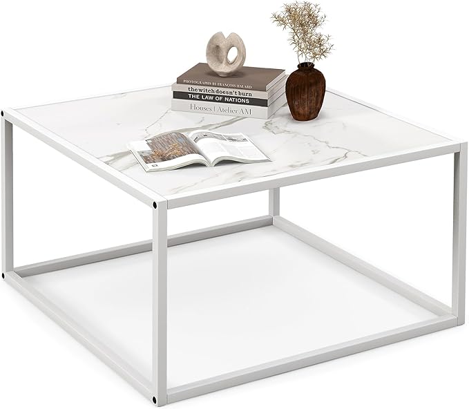 Giantex Square Coffee Table with Faux Marble Tabletop & Steel Frame, Center Cocktail Table, Accent Living Room Furniture, Low Bedside Table, Easy Assembly (White)