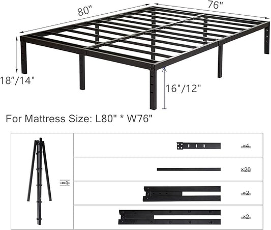 King Size Bed Frame 18 inch Tall, 3500lbs Heavy Duty Metal Platform with Steel Slats Support, No Box Spring Needed, 18-inch Bedframe with Ample Storage, Sturdy and Noise-Free, Black