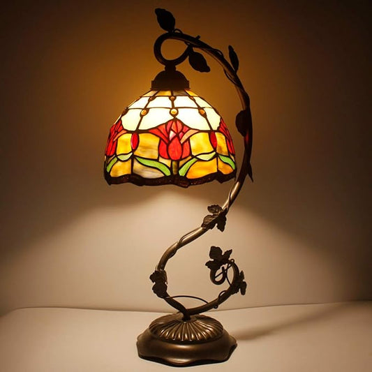 WERFACTORY Tiffany Lamp Red Stained Glass Tulip Table Lamp, Metal Leaf Base 8X10X21 Inches Reading Desk Light Decor Small Space Bedroom Home Office S030 Series