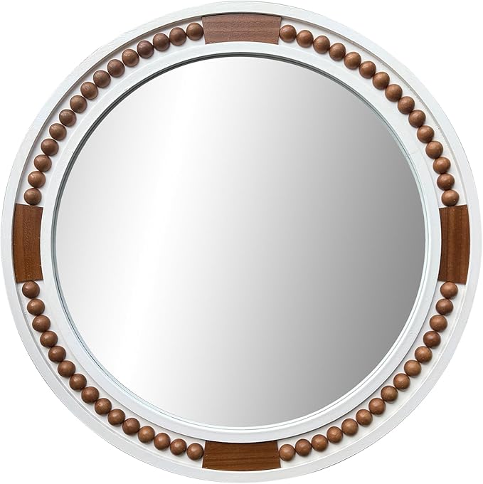 32 Inch Round Boho Wall Mirror, Large Rustic Coastal Wall Decor with White Wood Frame and Brown Bead Accents,Farmhouse Decorative Mirror for Entryway, Bedroom, Living Room