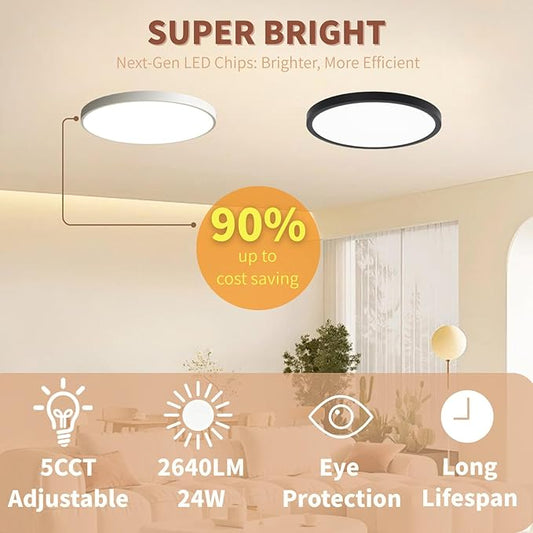 6 Pack 12 Inch LED Flush Mount Ceiling Light Fixtures, 24W 2640LM 5 CCT Selectable (2700K-6500K), Non Dimmable,Wired Integrated LED Lights for Bedroom Kitchen Hallway Apartment, White